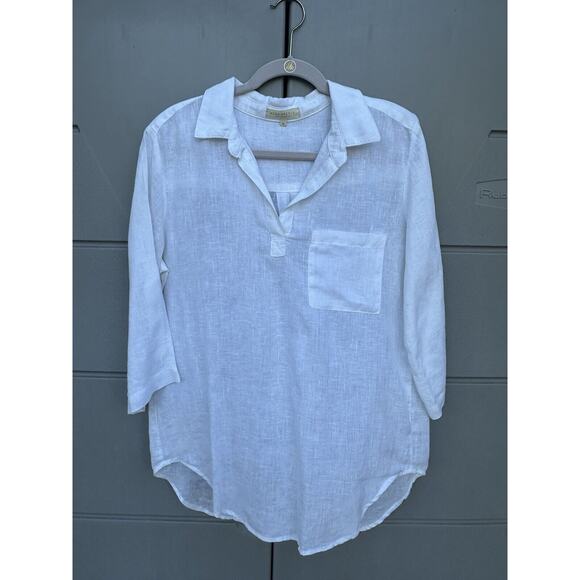 Side Stitch Los Angeles White linen popover blouse pocket Roll Tab Sleeves Sz M - Picture 3 of 12